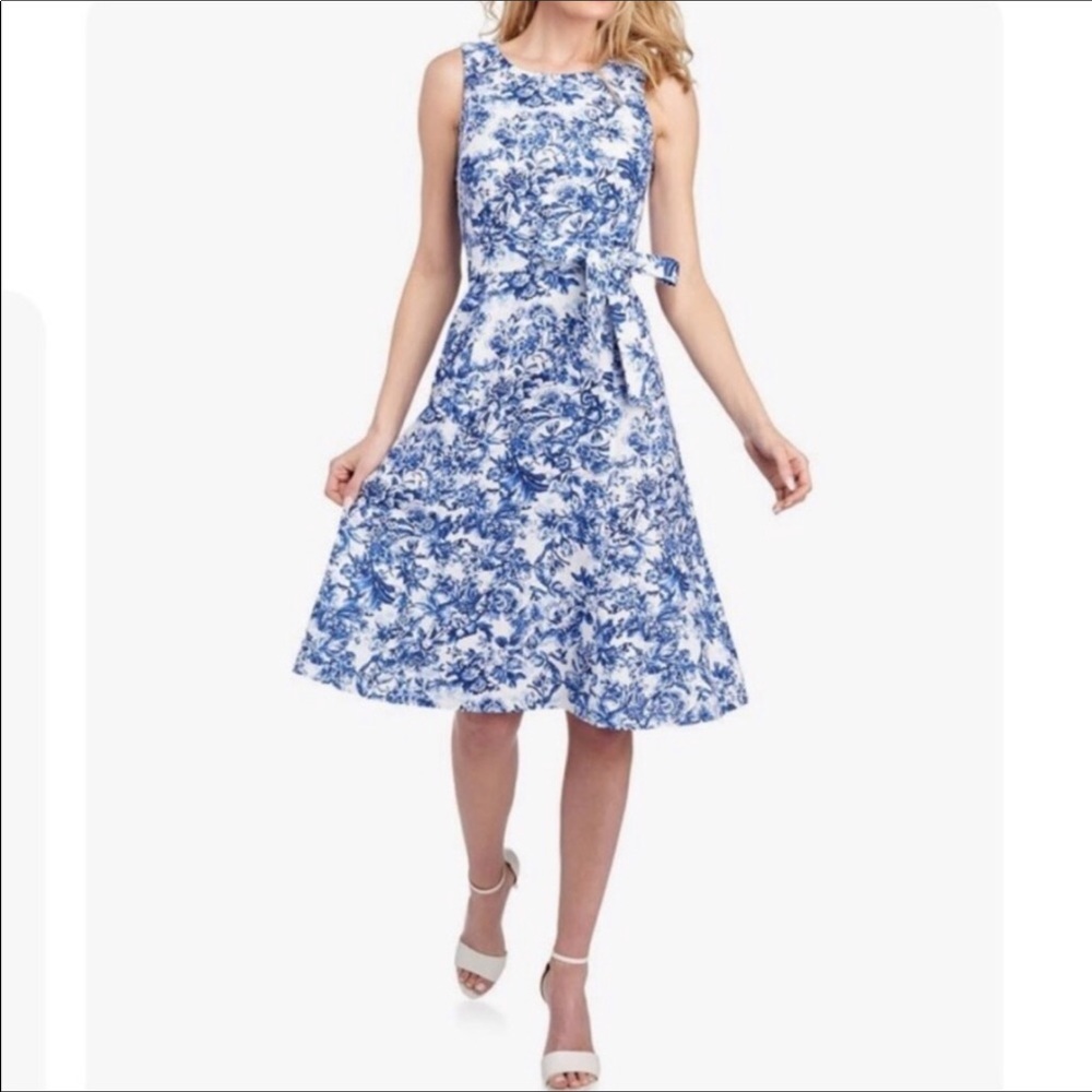 Anne Klein Linen Fit & Flare Dress 14 Blue